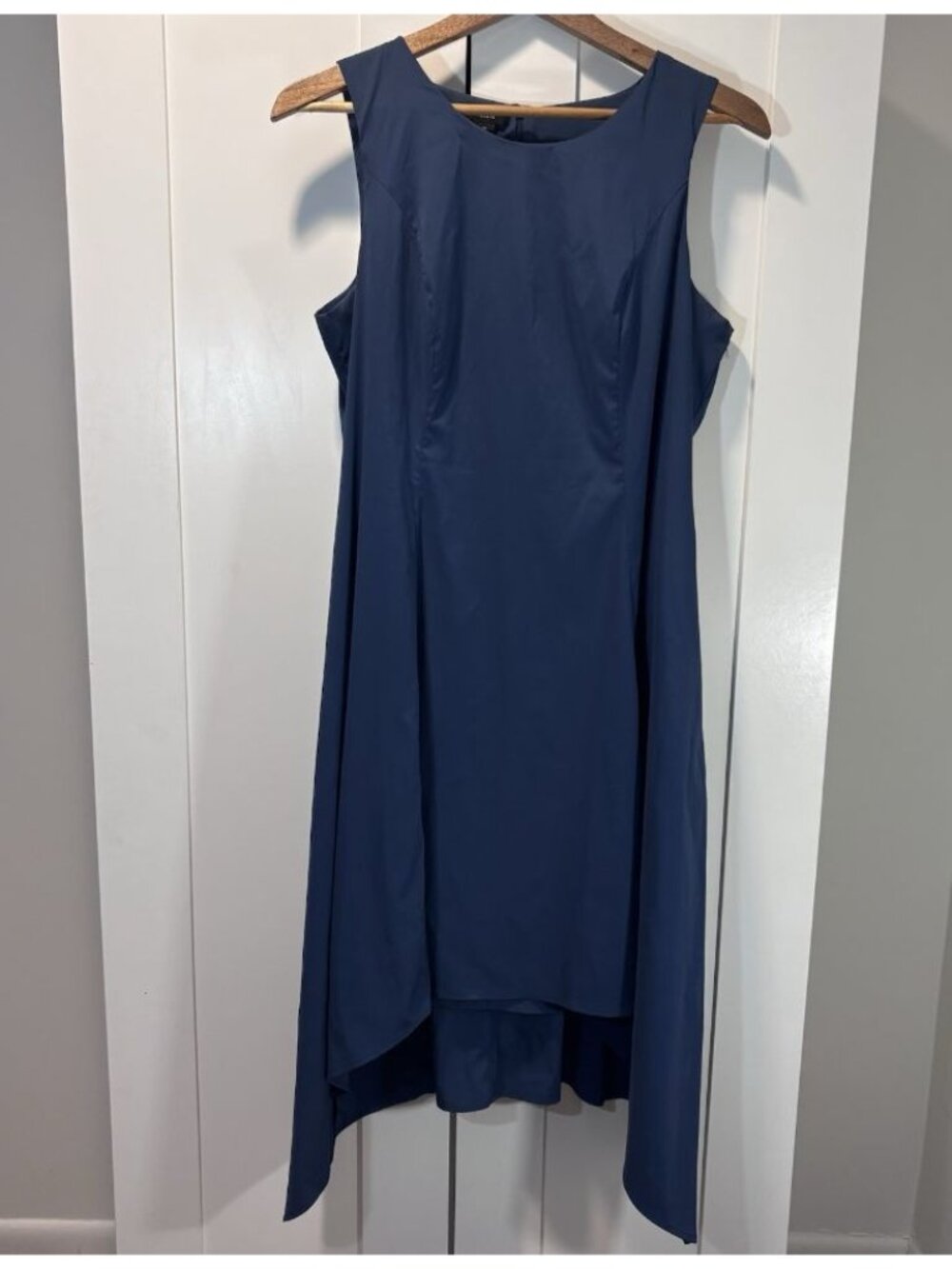 Alfani Women's Sleeveless Dress Asymmetrical Hem Midi Blue Size 12 Pockets Lined